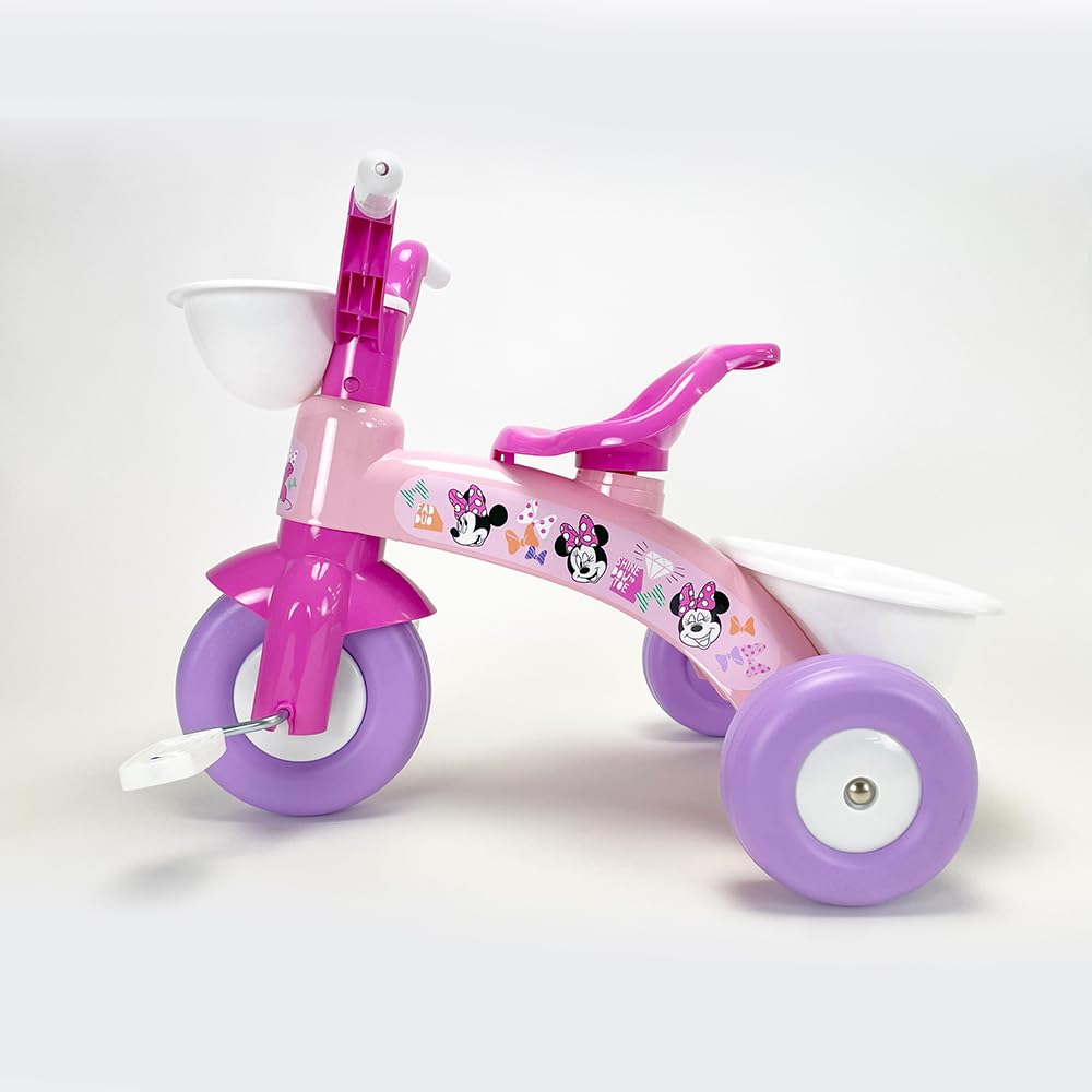 Pink Disney Minnie Mouse kids tricycle for ages 1-3, with front and back storage baskets, pink frame, and toddler-friendly design.