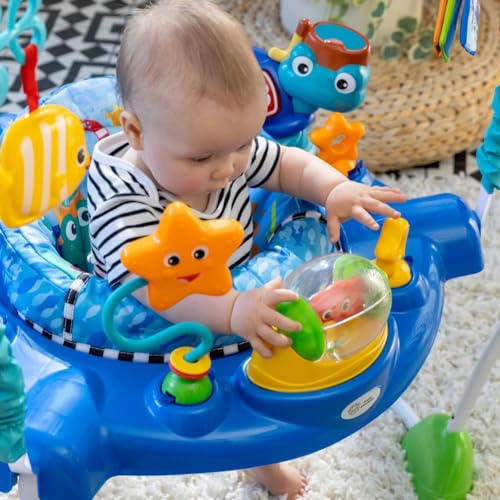 Baby Einstein Neptune's Ocean Discovery Activity Jumper with removable toys, adjustable heights, and 360° rotation for infants 6 months+.