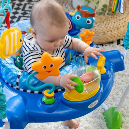 Baby Einstein Neptune's Ocean Discovery Activity Jumper with removable toys, adjustable heights, and 360° rotation for infants 6 months+.