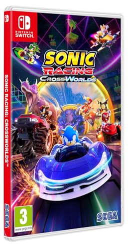 Sonic Racing: CrossWorlds Nintendo Switch game cartridge with artwork featuring Sonic the Hedgehog and racing scene.
