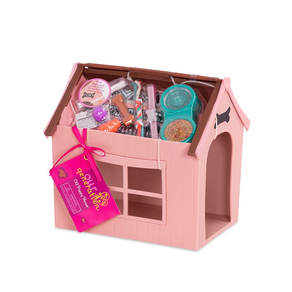Our Generation Deluxe Dog House set with customizable chalkboard sign and plush pups for 18-inch dolls.