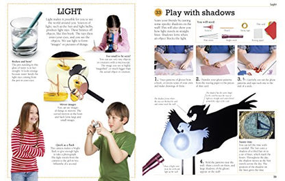 Open book showing colorful science experiment illustrations from DK's 101 Great Science Experiments workbook.