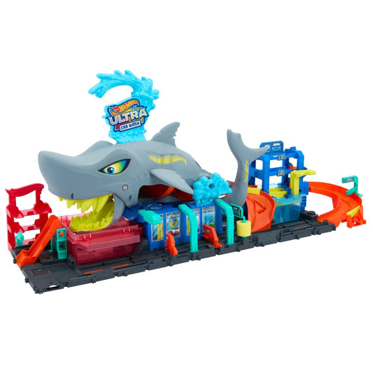 Hot Wheels Let's Race City Toy Car Track Set with Ultra Shark Car Wash and color-change car feature, 1:64 scale.
