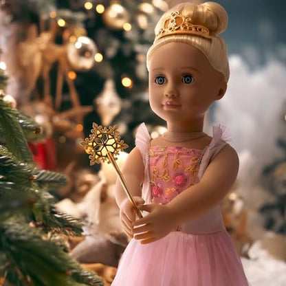 Our Generation 18-inch Sugar Plum Fairy Doll with blue eyes, blonde hair, pink ballet dress, tiara, and wand accessories.