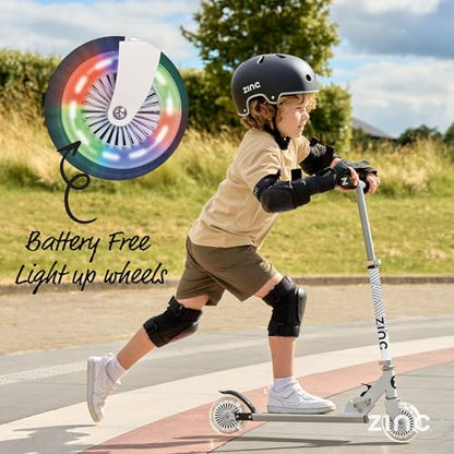 Zinc Two Wheeled Rider Kids Scooter for Ages 3+ – Folding 2-Wheel Kick Scooter with Light Up Wheels, Lightweight, Height Adjustable, Anti-Slip Footplate, Rear Footbrake, Soft Touch Foam Grips, White