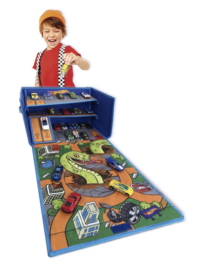 Hot Wheels 3-in-1 collapsible garage box with playmat and speed roads for toy car storage, featuring vibrant design.