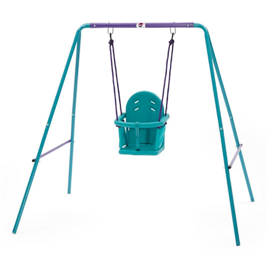 Plum 2-in-1 growable garden swing set with two interchangeable seats, sturdy steel frame, designed for safe outdoor play for children.