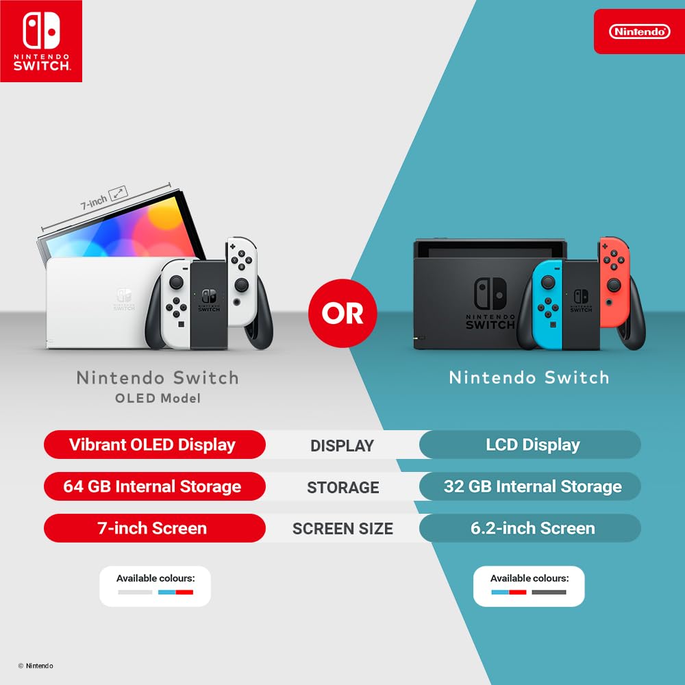 Nintendo Switch OLED model in neon blue and neon red Joy-Con controllers, with colorful screen display visible.
