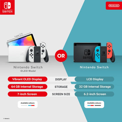Nintendo Switch OLED model in neon blue and neon red Joy-Con controllers, with colorful screen display visible.