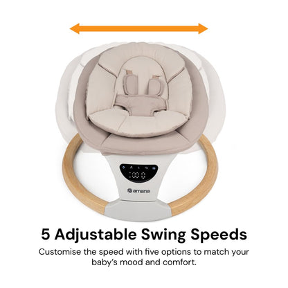 DreamX E-Swing baby swing in Dune and Pebble Grey with remote control, Bluetooth connectivity, and five adjustable speeds.