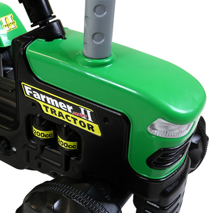 Dolu 8053 children's green and black ride-on tractor with trailer, working horns, and pedal control for kids aged 3 to 5.
