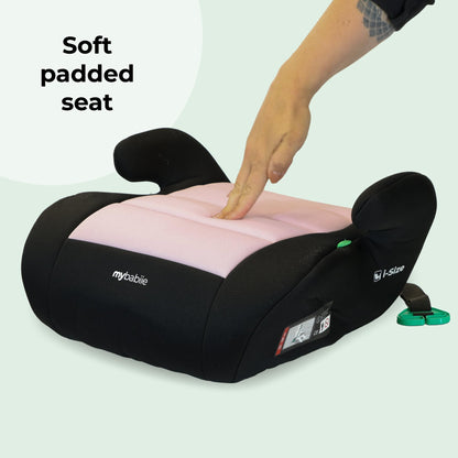 My Babiie Booster Lite R129 Car Seat - Lightweight at 1kg, Approx. 6-12 Years (125-150cm, 22-36kg), i-Size Backless Child Car Seat, Group 3, Compact, Portable, Ideal for Travel - Pink & Black