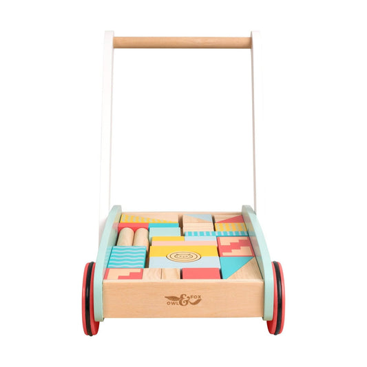 Owl & Fox Wooden Baby Walker with 29 Assorted Colourful Blocks, Traditional Push Along Early Development & Activity Toy, Sustainably Sourced, for Ages 12 Months+
