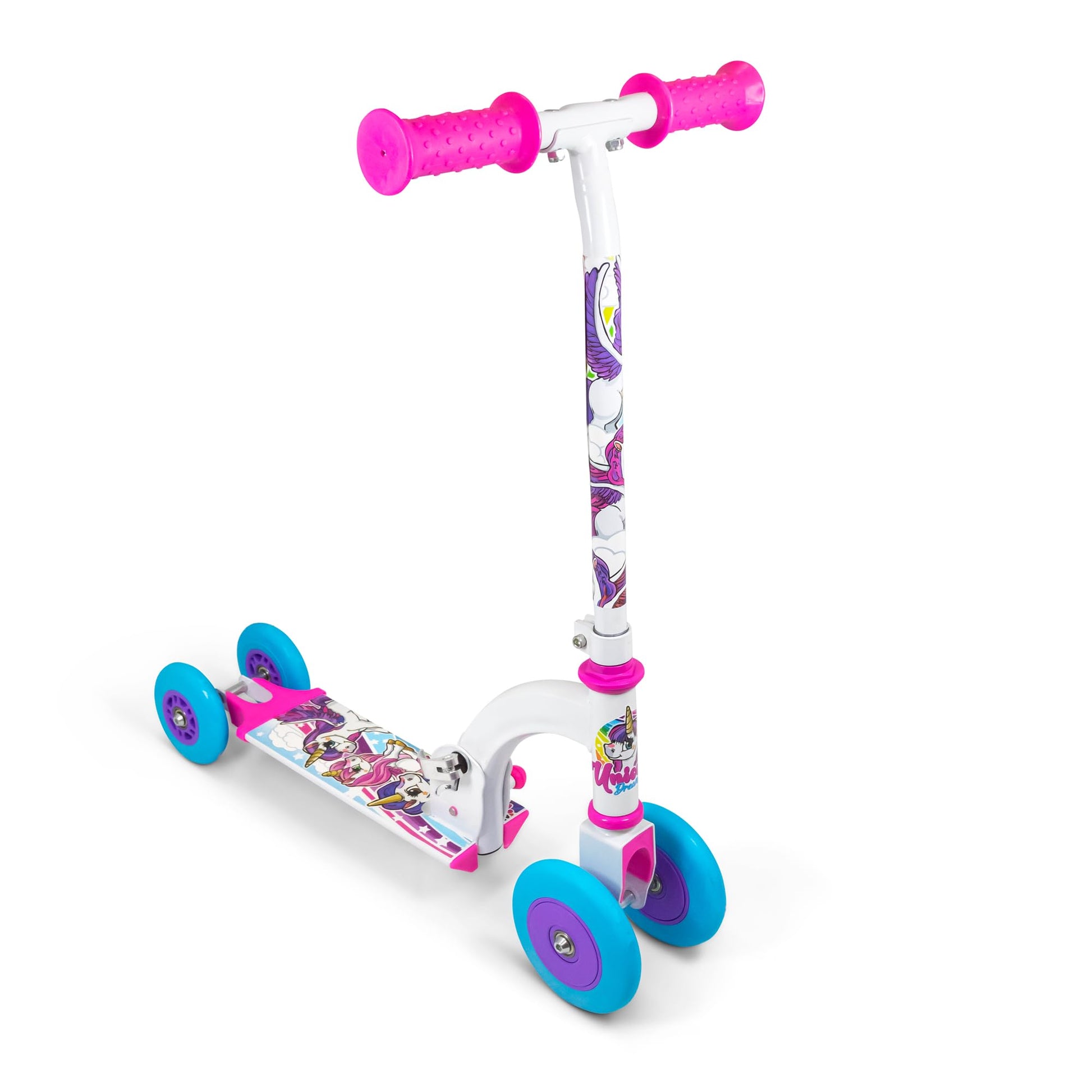 White scooter with pink and blue wheels featuring a unicorn design, ideal for young children by Ozbozz.
