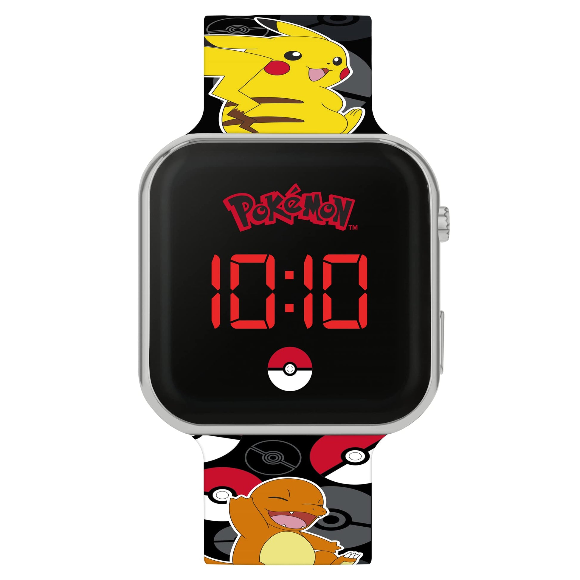 Pokémon Black LED Watch featuring a printed silicone strap, showcasing digital display and stylish design.