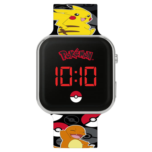 Pokémon Black LED Watch featuring a printed silicone strap, showcasing digital display and stylish design.