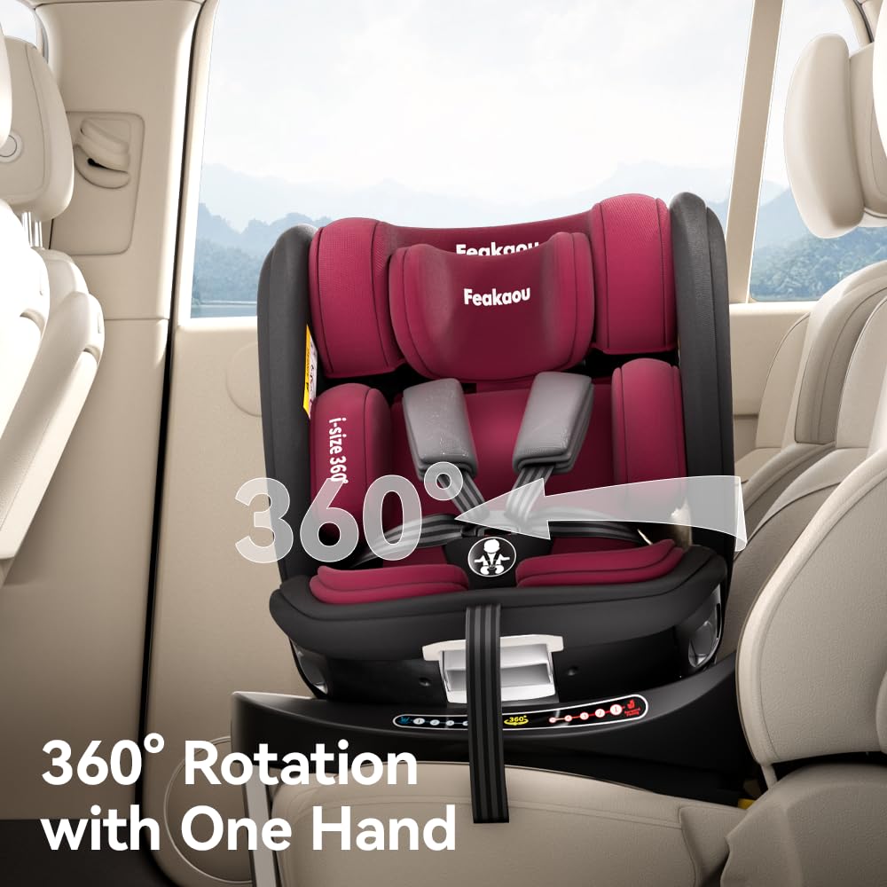 Feakaou 360 Car Seat with ISOFIX - Newborn to 12 Years Children, i-Size (ECE R129/E4) Rotating Swivel Baby Car Seat,Group 0+1/2/3 (40-150cm),Rear Facing for Longer from Birth to 4 Years. Red Black