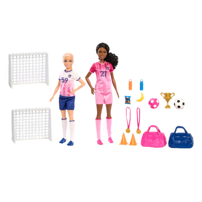Barbie Careers soccer playset with blonde Barbie Brooklyn doll, 2 nets, accessories, and fashion dolls for imaginative soccer role play.
