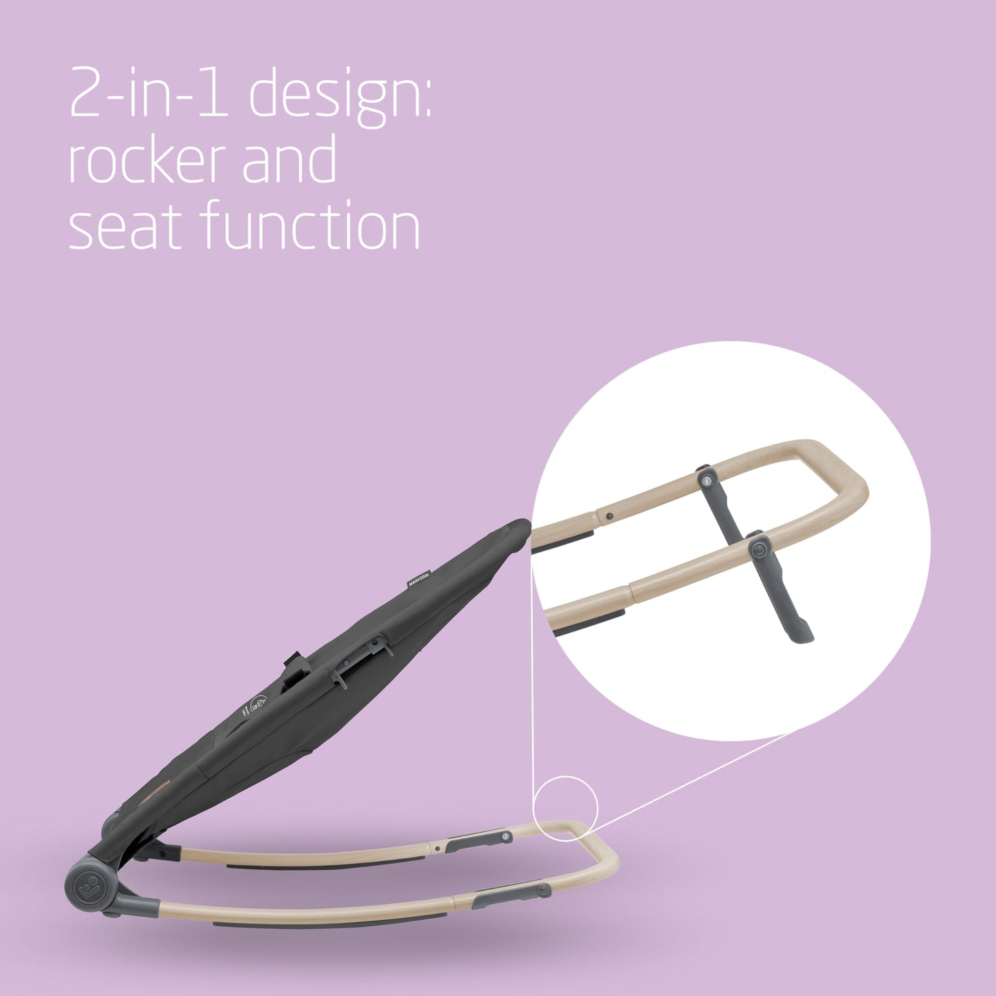 Maxi-Cosi Loa baby rocker in Beyond Graphite with compact fold, lightweight design, two recline positions, and recycled fabric for ages 0-2 years