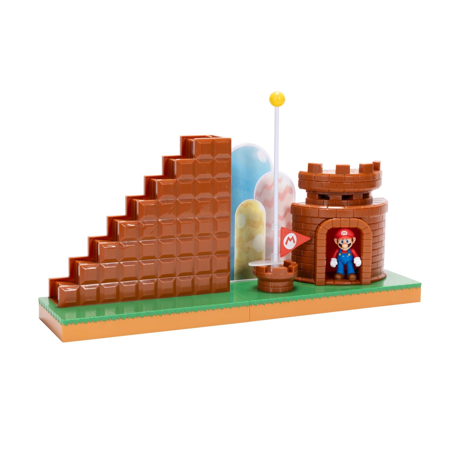 Super Mario 2.5-inch playset by JAKKS Pacific featuring a mini Mario figure, interactive stairs, castle, flagpole, and base platform.
