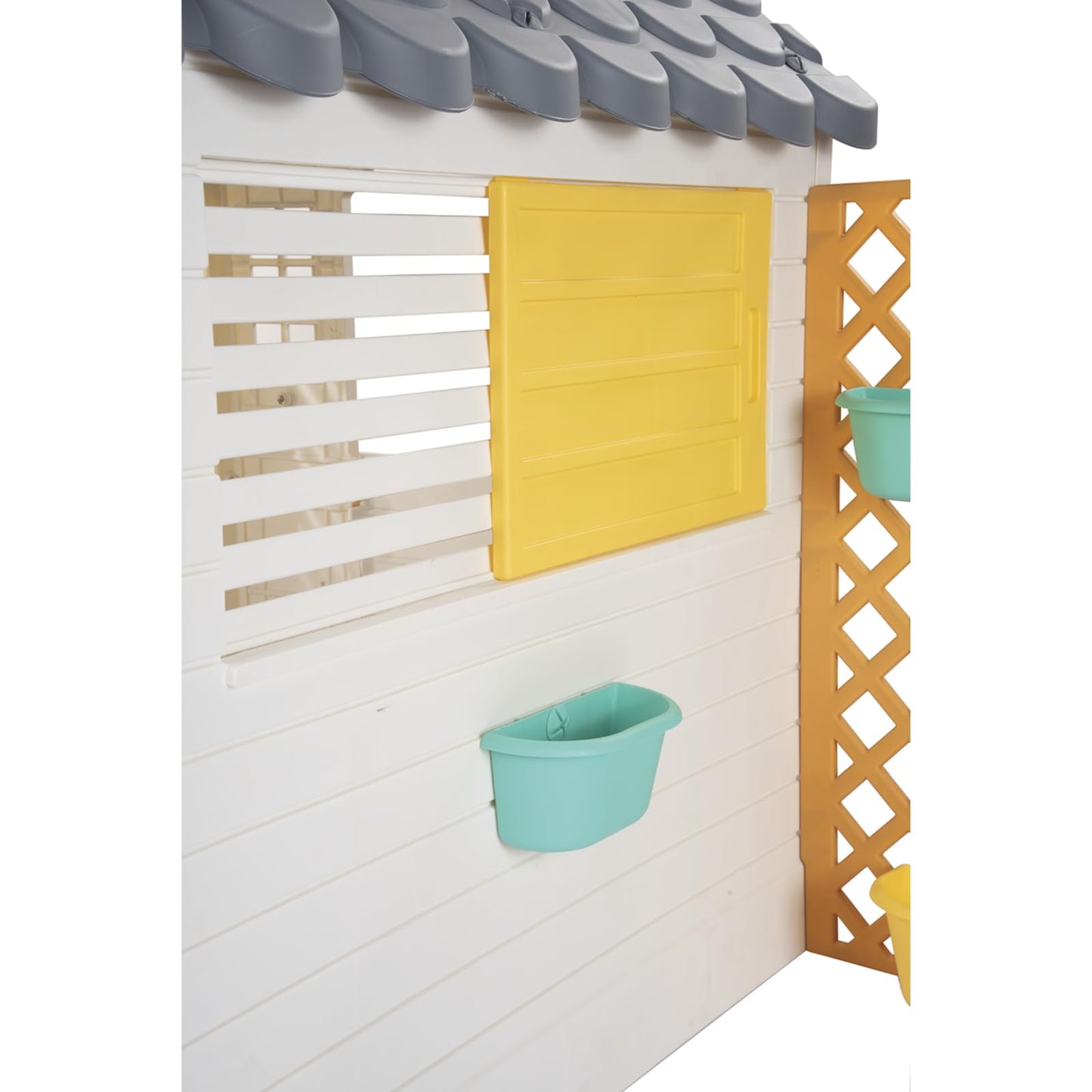 Dolu garden playhouse with fence, white and grey outdoor kids' playhouse, sturdy plastic structure, 127 x 140 x 107.5 cm