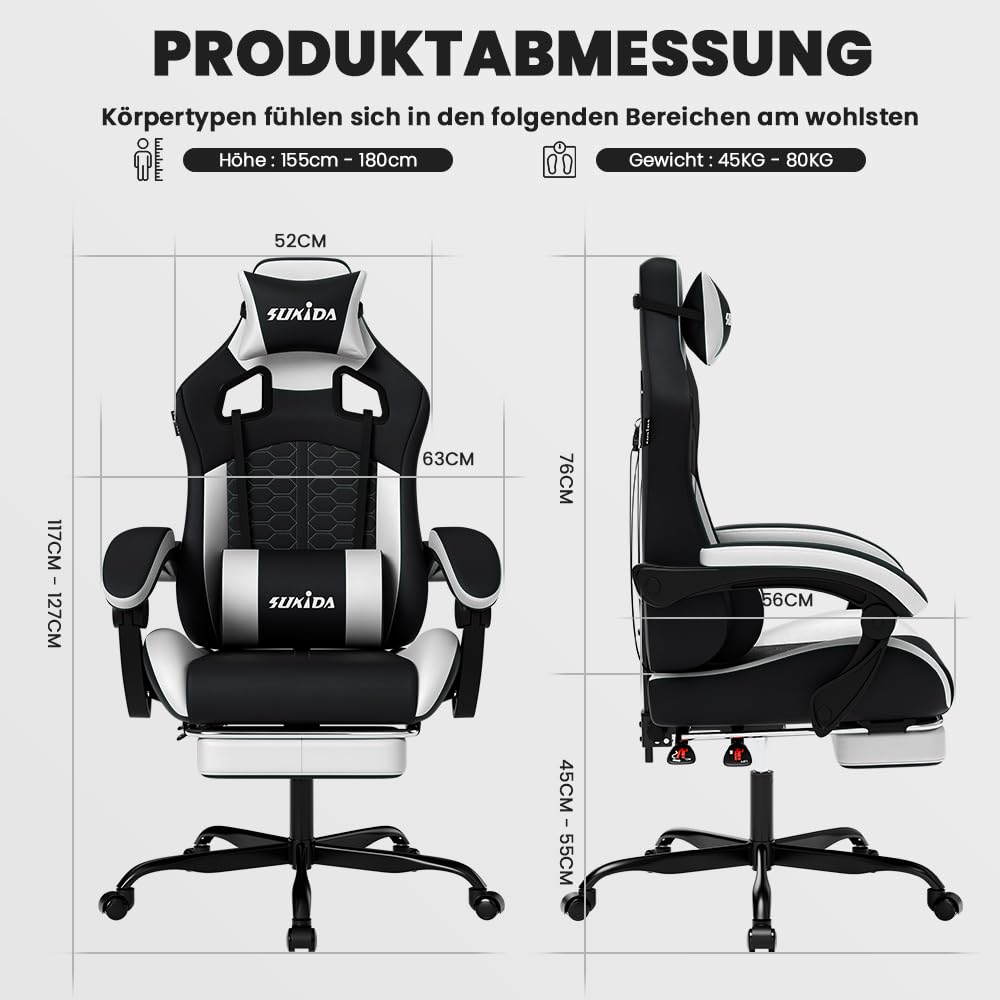 SUKIDA ergonomic gaming chair with adjustable height, massage function, padded headrest, lumbar support, footrest, and rotating base.