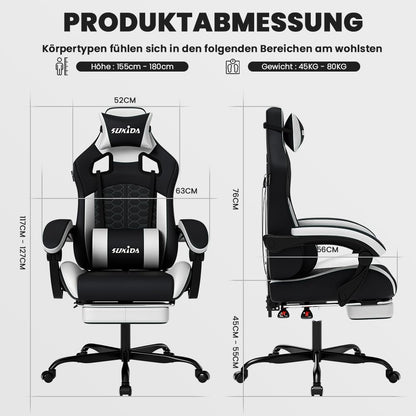 SUKIDA ergonomic gaming chair with adjustable height, massage function, padded headrest, lumbar support, footrest, and rotating base.