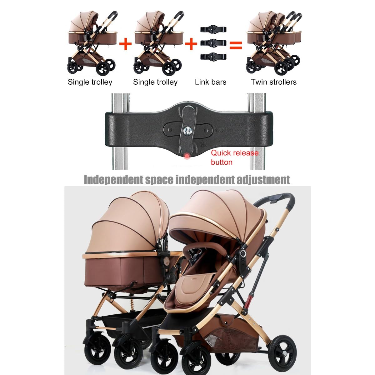 YCKEGEW Double Baby Stroller for Infant and Toddler Reversible Bassinet Twins Pram,Detachable Pushchair Side-by-side Multi-Position Reclining Seats,Folding Prams Trolley (Color : Brown)