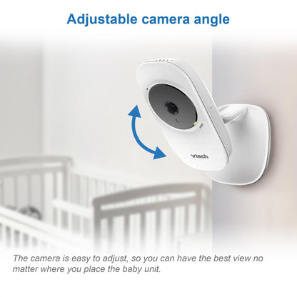 VTech VM3250 video baby monitor with camera, 2.8" LCD screen, night vision, long-range, soothing sounds, and 2x zoom functionality.