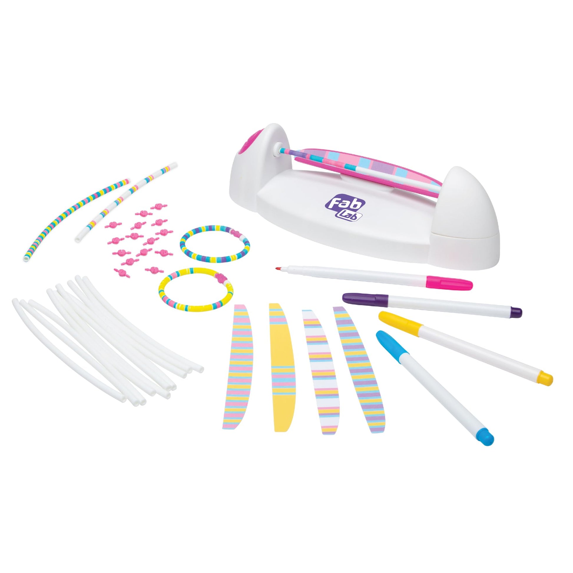 FabLab Colour Spin Bracelet Maker kit with colorful bracelets, showcasing vibrant, thread-free jewelry designs for kids ages 6+.