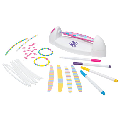 FabLab Colour Spin Bracelet Maker kit with colorful bracelets, showcasing vibrant, thread-free jewelry designs for kids ages 6+.