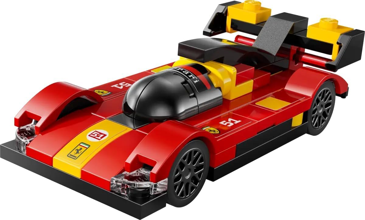 LEGO Speed Champions Ferrari 499P hypercar model set with detailed racing design and vibrant red color.