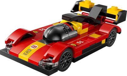 LEGO Speed Champions Ferrari 499P hypercar model set with detailed racing design and vibrant red color.
