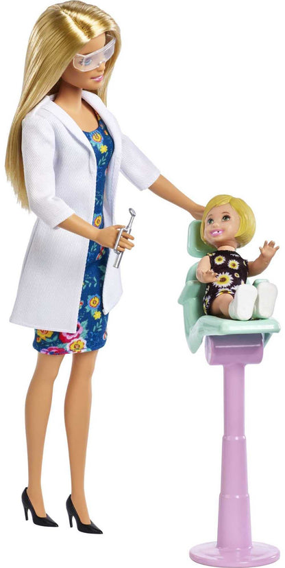 Barbie FXP16 Dentist doll and playset with multi-colored accessories, including dental tools and a chair, on a white background.