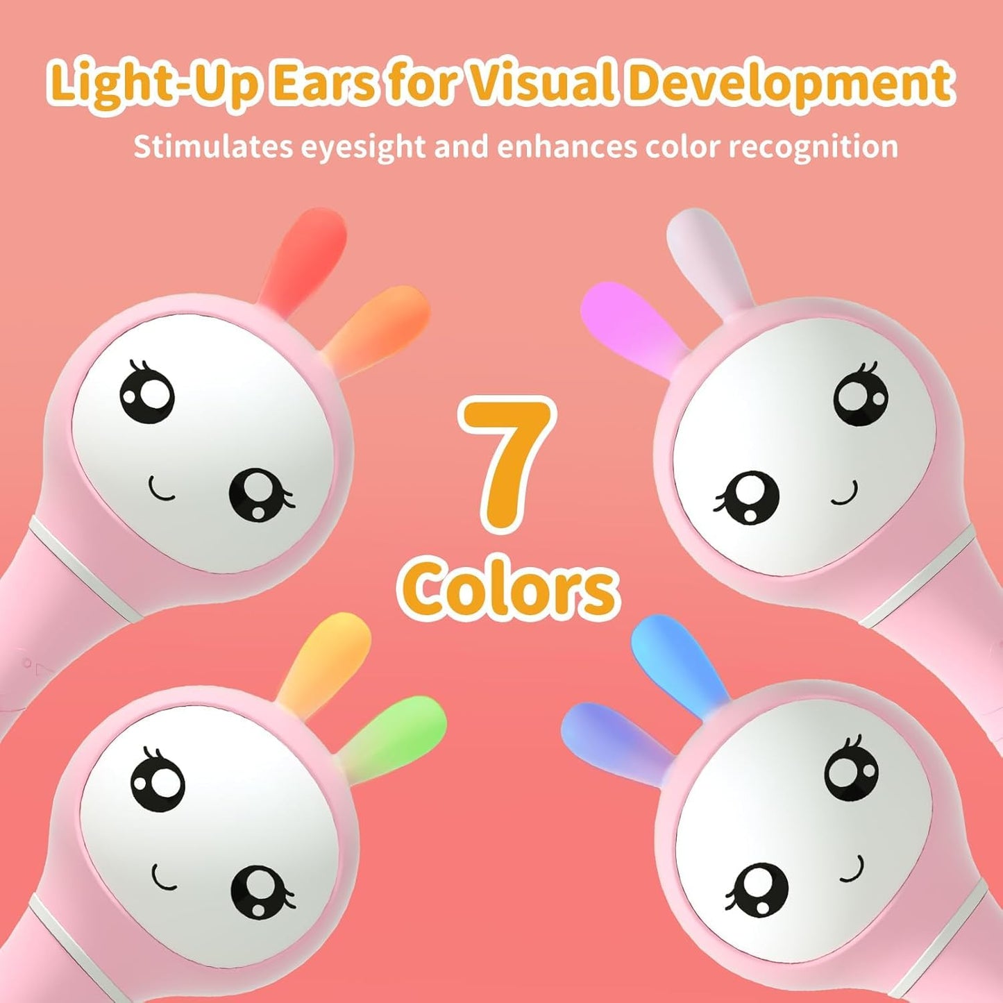 Pink Alilo Smarty Bunny baby rattle with musical lights, sensory features, teething design, for infants 0-12 months, colorful toy.