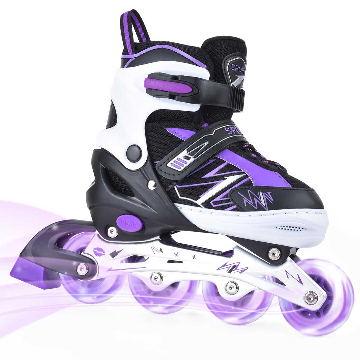 ERNAN adjustable purple kids' inline skates with light-up wheels, suitable for boys and girls, perfect for beginners and youth.