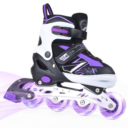 ERNAN adjustable purple kids' inline skates with light-up wheels, suitable for boys and girls, perfect for beginners and youth.