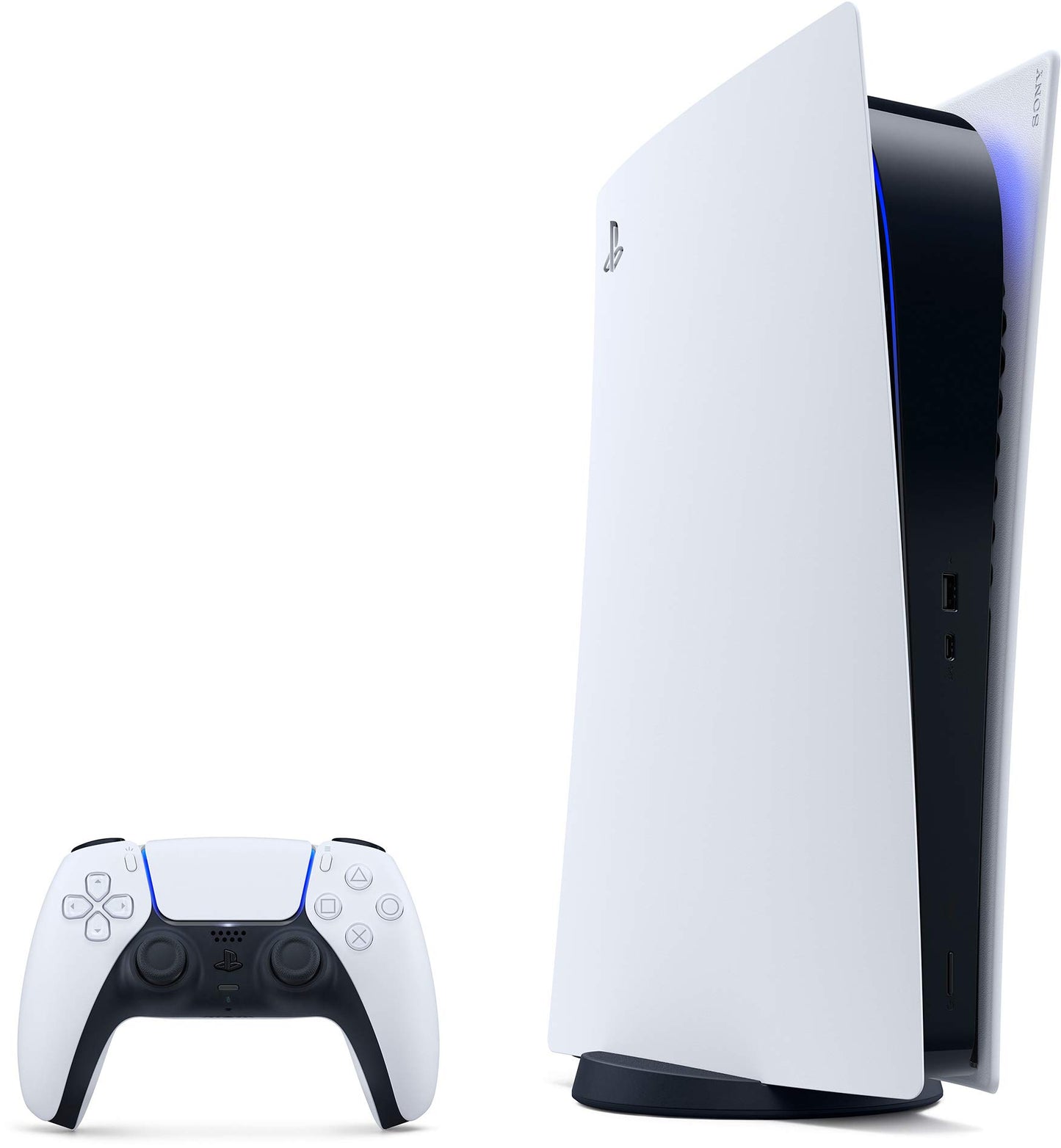PlayStation 5 Digital Console with sleek black design and disc-free setup, showing the modern gaming console on a white background.