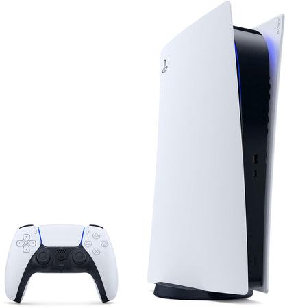 PlayStation 5 Digital Console with sleek black design and disc-free setup, showing the modern gaming console on a white background.