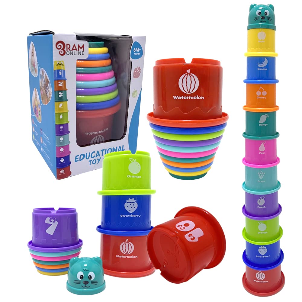 Colorful RAM ONLINE baby stacking cups arranged in a tower, showcasing 11 pieces for preschool learning and play.