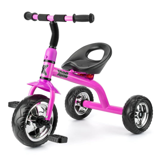 Xootz pink tricycle for kids, featuring an easy clip design and portable construction for outdoor play.
