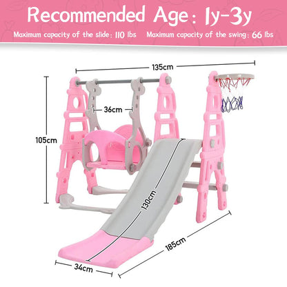 FUKEA Baby Swing Slide, 4-in-1 Toddler Slide and Swing Set with Basketball Hoop, Garden Climbing Frame, Outdoor Indoor Large Slide Swing for Toddlers Age 1-3, Kids Gift (Pink)