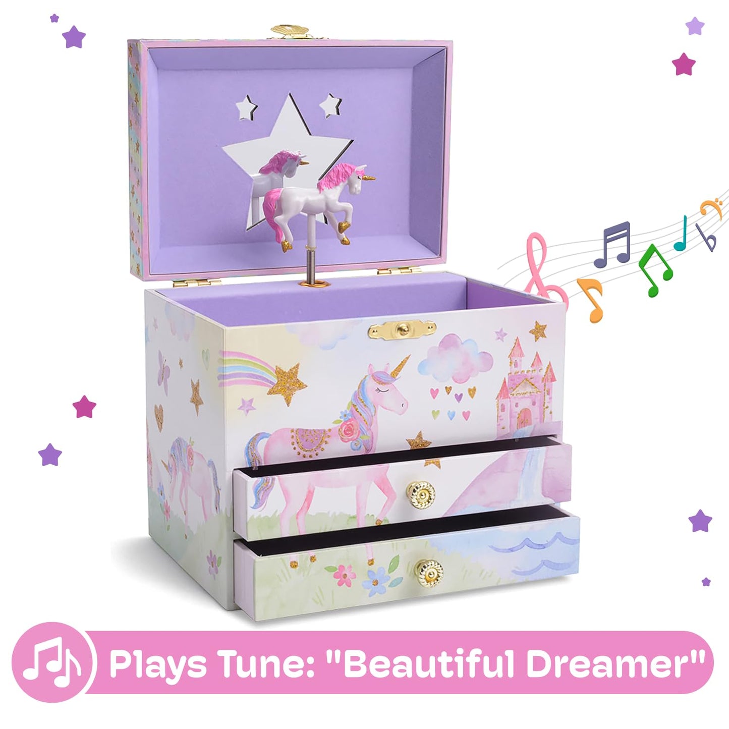 Jewelkeeper Unicorn Jewellery Box for Girls with 2 Pull-out Drawers, Glitter Rainbow and Stars Unicorn Design, The Beautiful Dreamer Tune - Store Your Precious Items - Ideal for Girls Ages 3 and Up