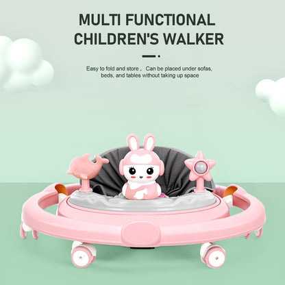 Pink height adjustable baby walker by Autrfso with foldable design, footrest, small toys, and music for ages 6-18 months.