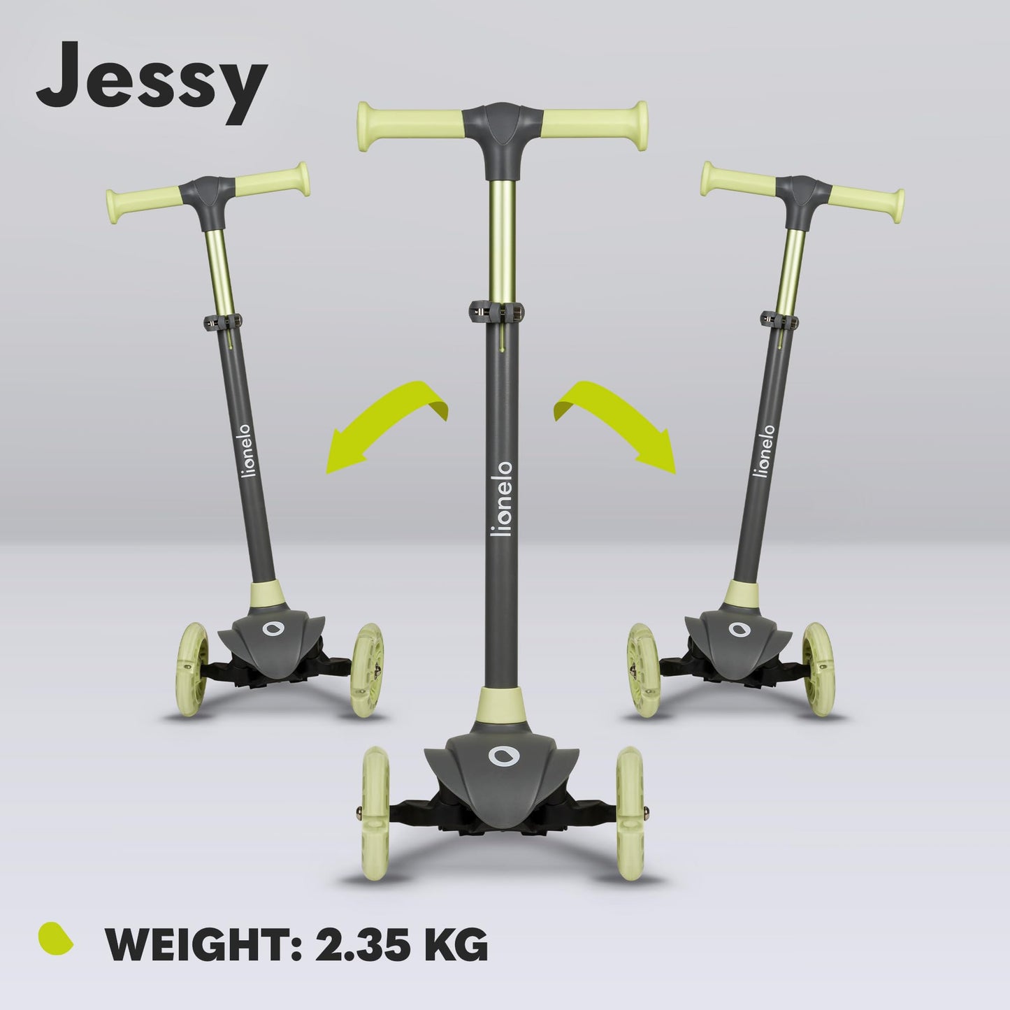 LIONELO JESSY kids scooter with LED light-up wheels, adjustable height, and non-slip platform for ages 3-5.