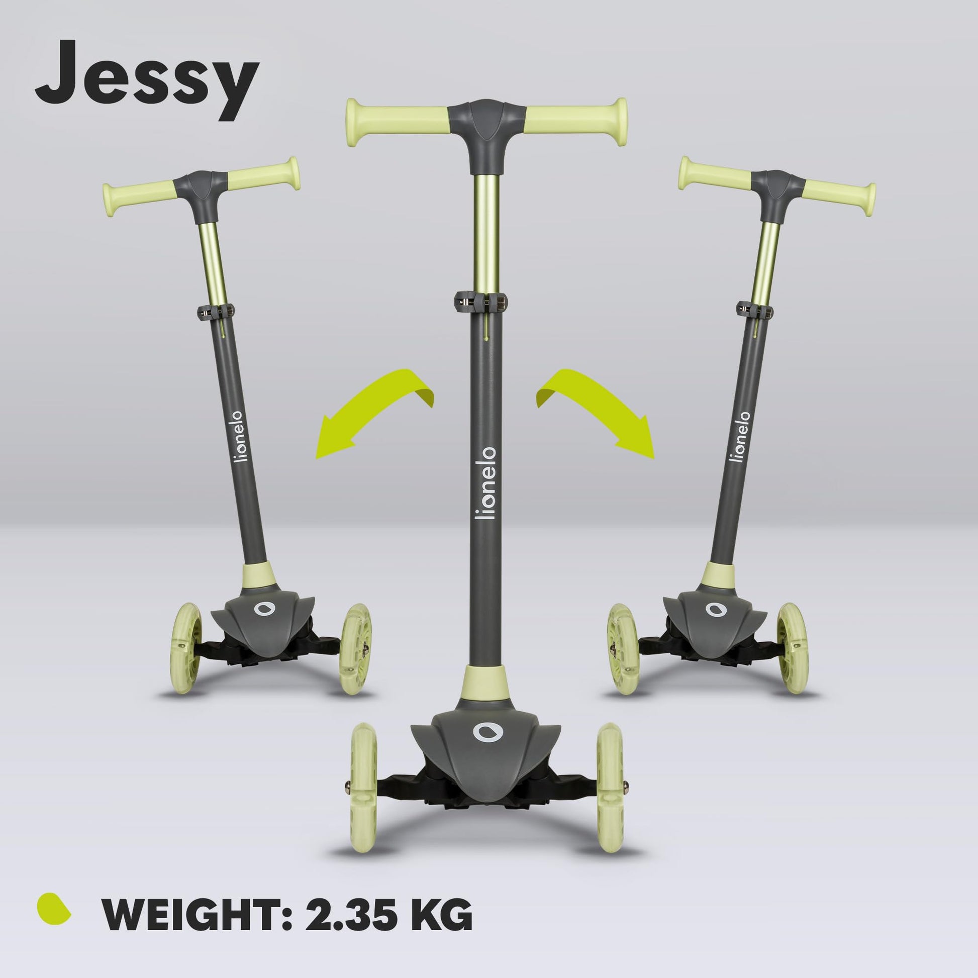 LIONELO JESSY kids scooter with LED light-up wheels, adjustable height, and non-slip platform for ages 3-5.