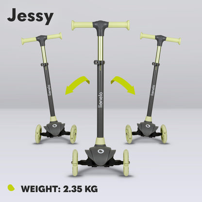 LIONELO JESSY kids scooter with LED light-up wheels, adjustable height, and non-slip platform for ages 3-5.