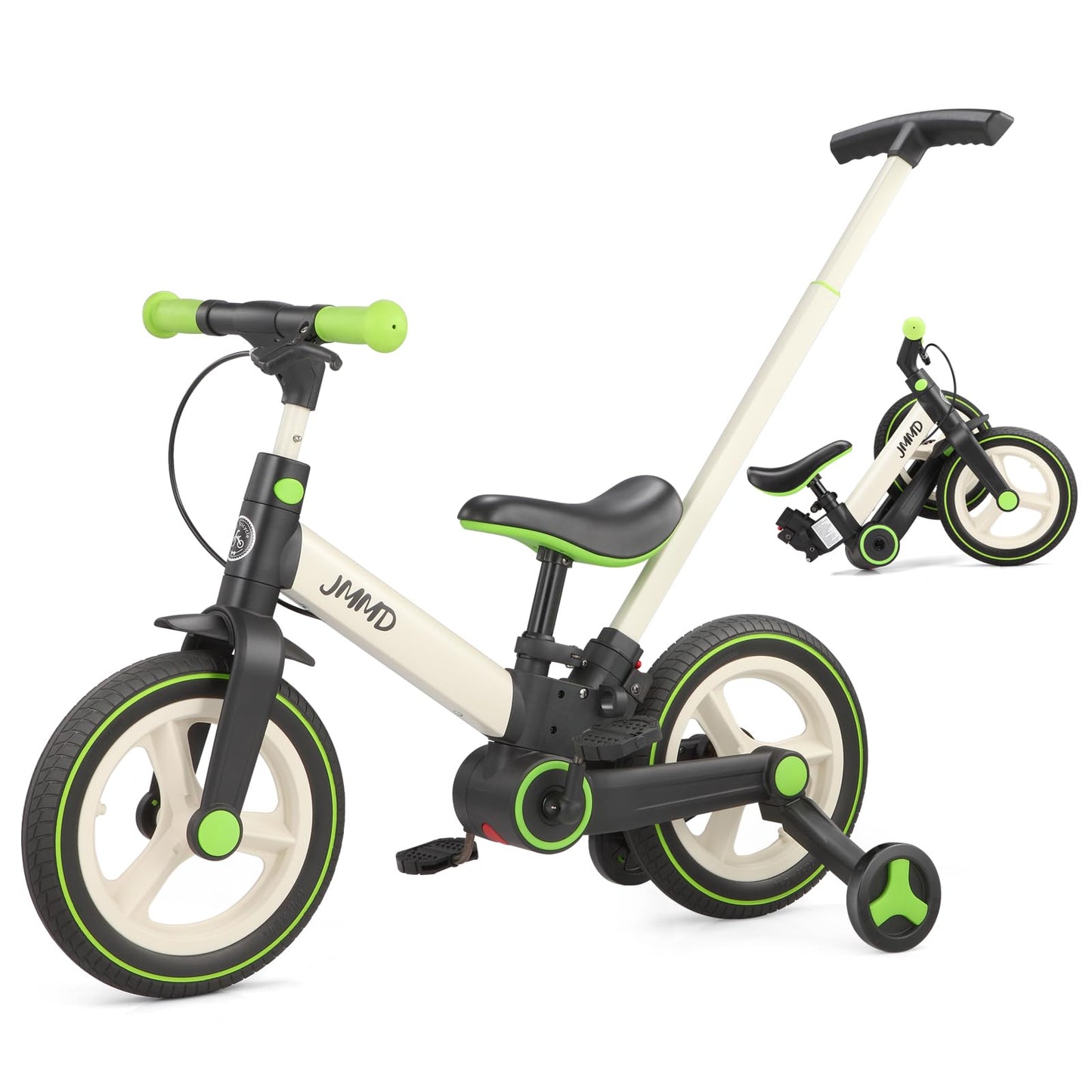 JMMD Balance Bike with Training Wheels and Pedals, Kids Push Bike with Adjustable Push Handle, Fun and Safe Toddler Tricycle for Boys and Girls with Brakes & Kickstand, Age18 Months-5 Years, Green