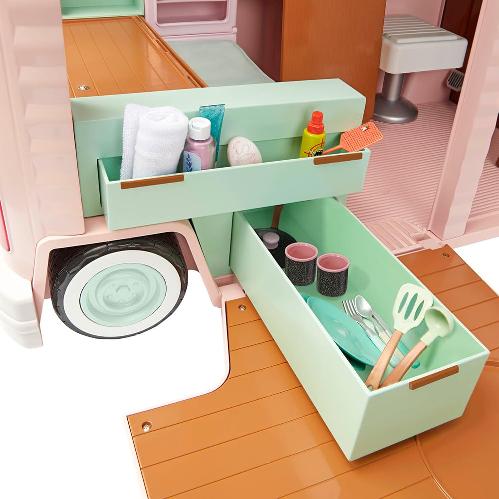 Our Generation 18-inch doll camper playset with 58 pieces, featuring a toy RV and electronic elements for pretend play.