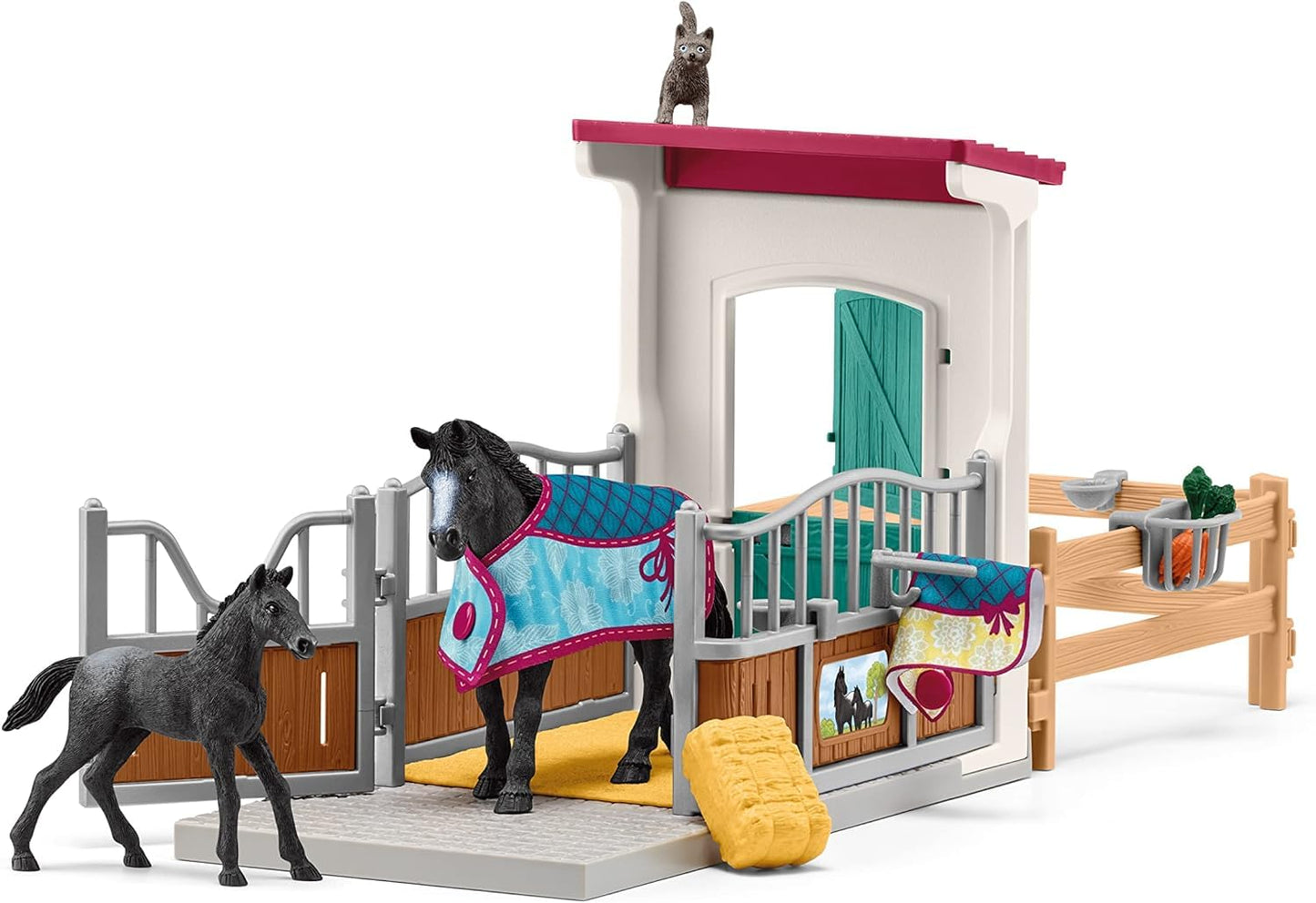 Schleich Horse Club - 34PC Stall Horse Toy Playset with Mare and Foal Figure, Cat Figurine, and Accessories - Stable Extension Set for Girls and Boys - Interactive, Realistic Kids Toys Ages 5+ | 42611
